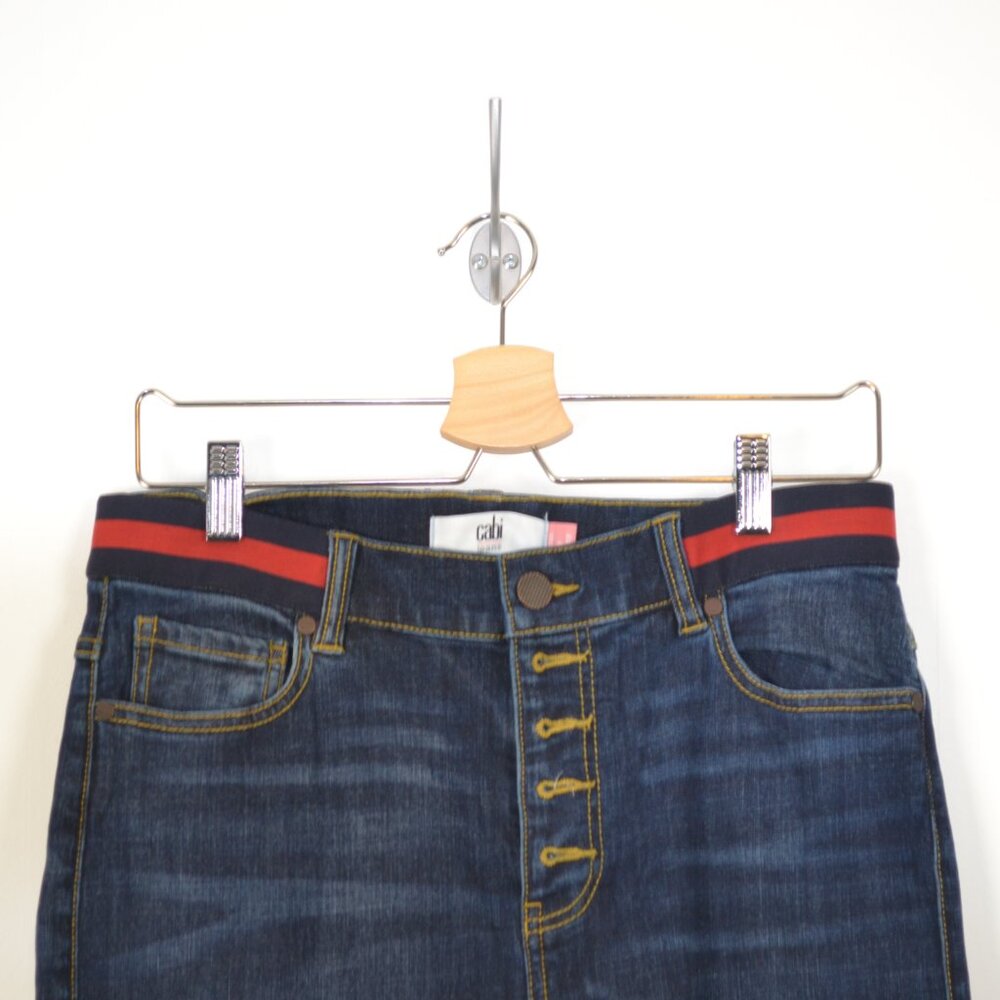 Cabi Button Fly Skinny Denim Jeans High Rise 5 Pocket Womens 8 Red Waist Band - Picture 3 of 9